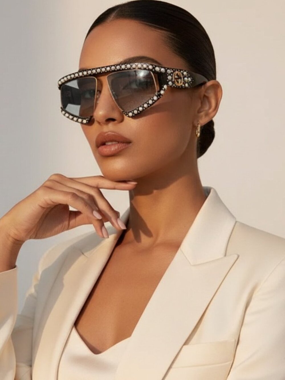 Gucci GG0234S Hollywood Forever Pearl Oversized Sunglasses Black Authentic